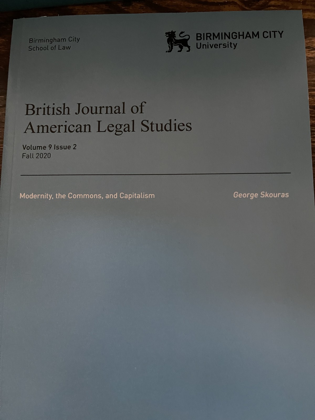 Cover of the British Journal of American Legal Studies featuring Modernity, the Commons, and Capitalism by George Skouras